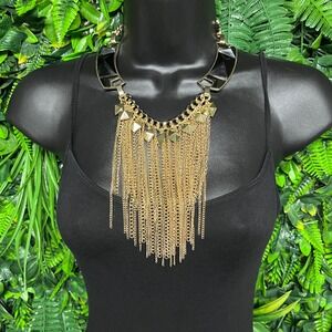 Gold Tone Black Resin Pyramid Stud Fringe Statement Bib Necklace Adjustable 3788